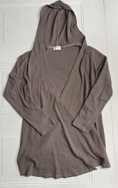 Allen Allen Open Cardigan Womens M Brown Drape Front Hooded Waffle Print Thermal